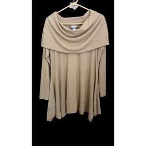 Soft Surroundings Tan Knit Top M Cowl Neck Sharkbite Hem Lagenlook Relaxed Work